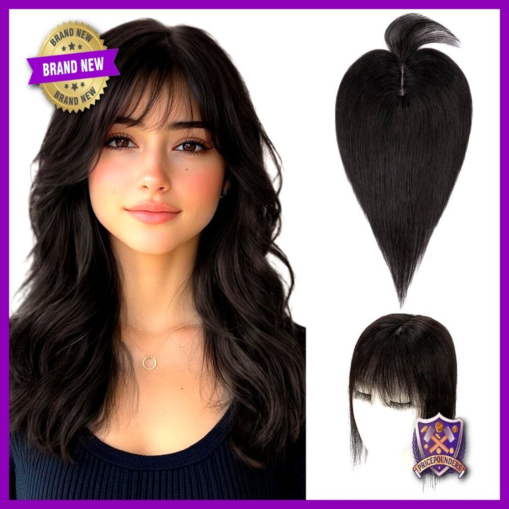 Human Hair Topper with Wispy Bangs Lightweight Clip-In Hairpiece Natural